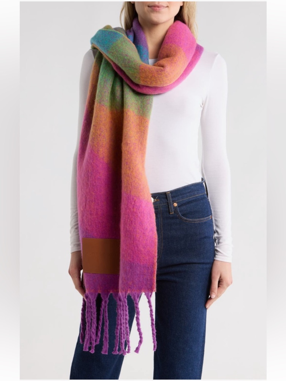 Kurt Geiger London extra long Neon Wave Multicolor Fringe Scarf, rainbow ombré